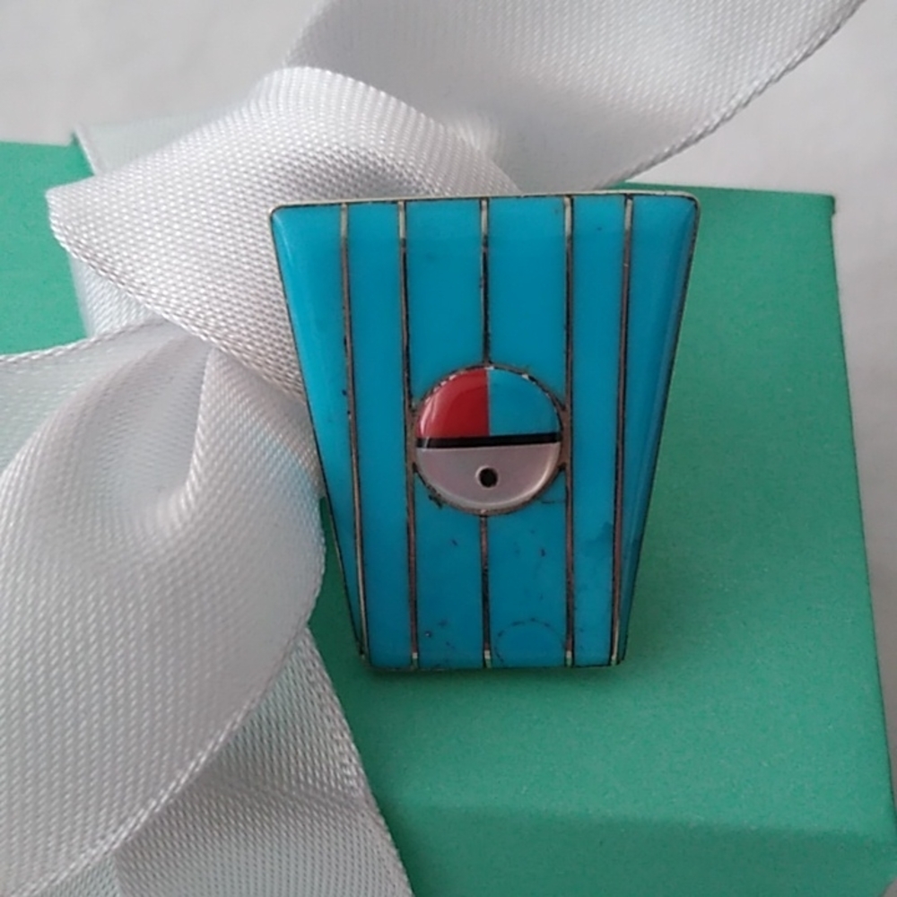 Vintage Zuni Sunface Sterling Silver+ Turquoise Bolo Tie Holder Accessory